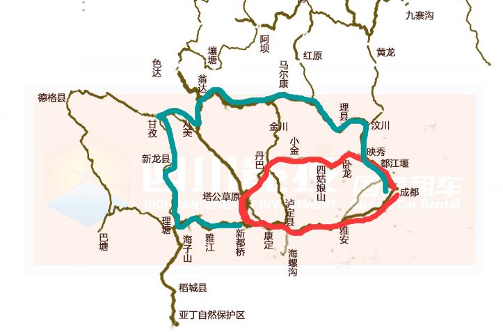 川西小环线旅游海拔地图